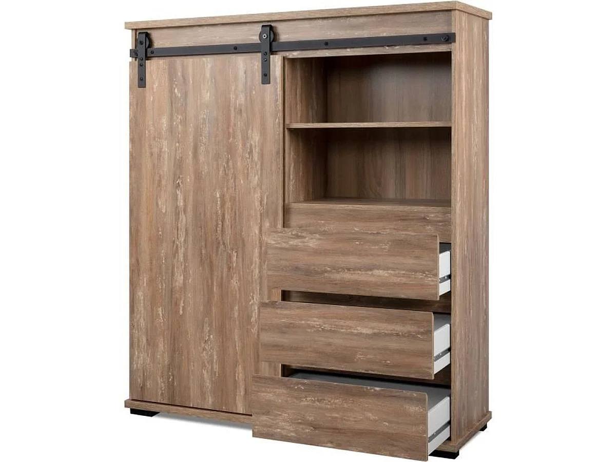 Buffet haut Marrakesch 53A en finition chêne, 1 porte coulissante, 3 tiroirs, style industriel-loft