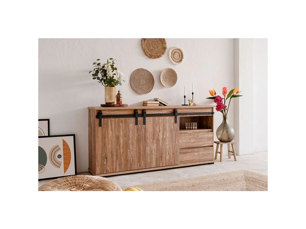 Buffet MARRAKESCH en chêne 180 cm, 2 portes, 2 tiroirs et niches centrales