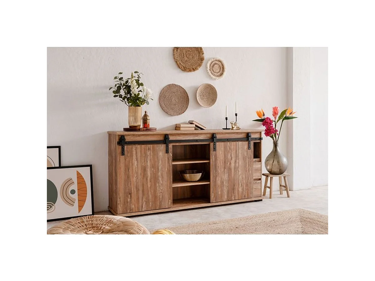 Buffet MARRAKESCH en chêne 180 cm, 2 portes, 2 tiroirs et niches centrales