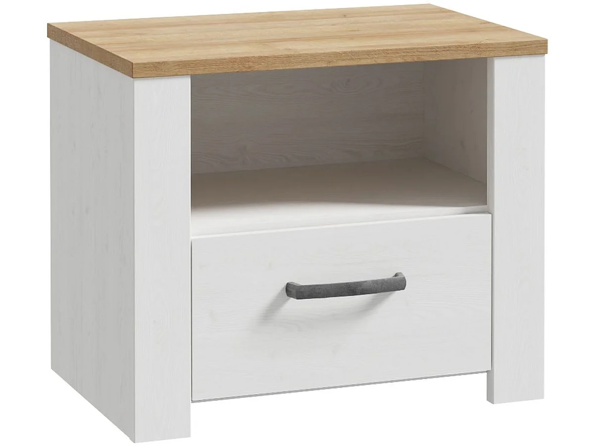 Moderne Rustieke BOHOL Nachtkastje met 1 Lade en 1 Plank, Eiken/Wit, 61,6 x 42 x 52 cm