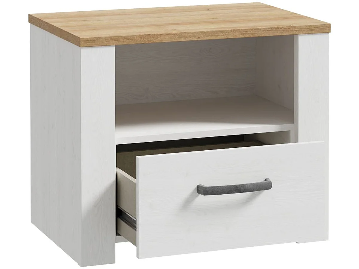 Moderne Rustieke BOHOL Nachtkastje met 1 Lade en 1 Plank, Eiken/Wit, 61,6 x 42 x 52 cm