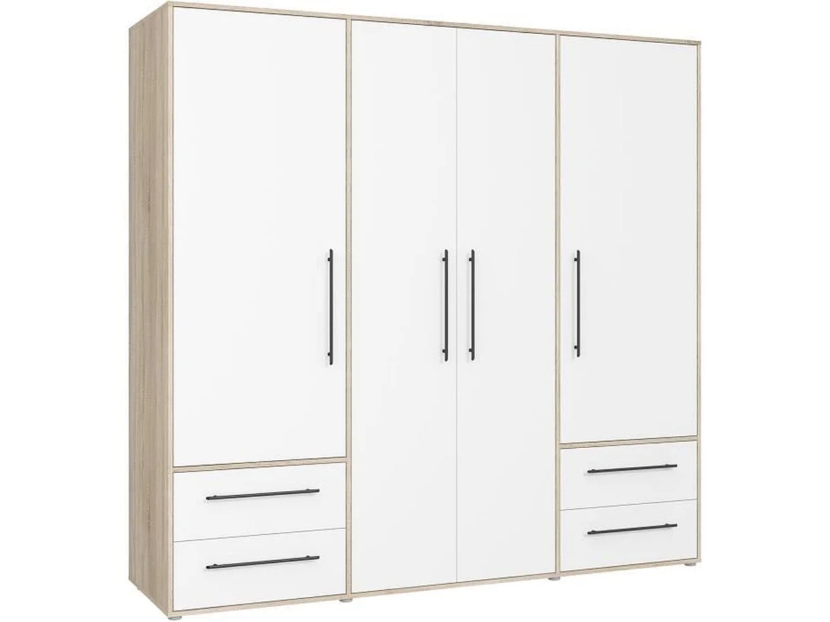 Armoire 4 portes MOKKARIS MKSS841-Q36 4 tiroirs, 1 tringle, chêne Sonoma - blanc mat