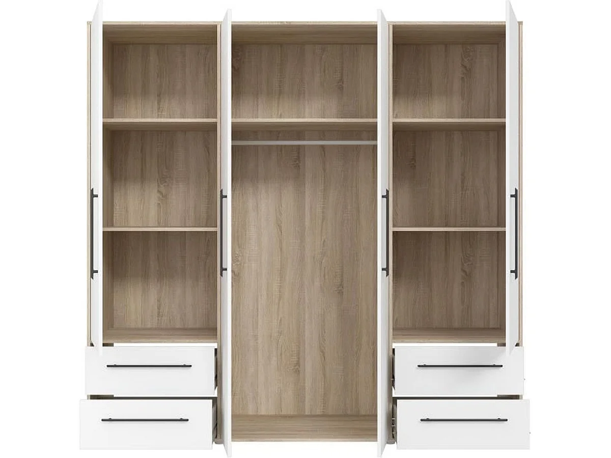 Armoire 4 portes MOKKARIS MKSS841-Q36 4 tiroirs, 1 tringle, chêne Sonoma - blanc mat