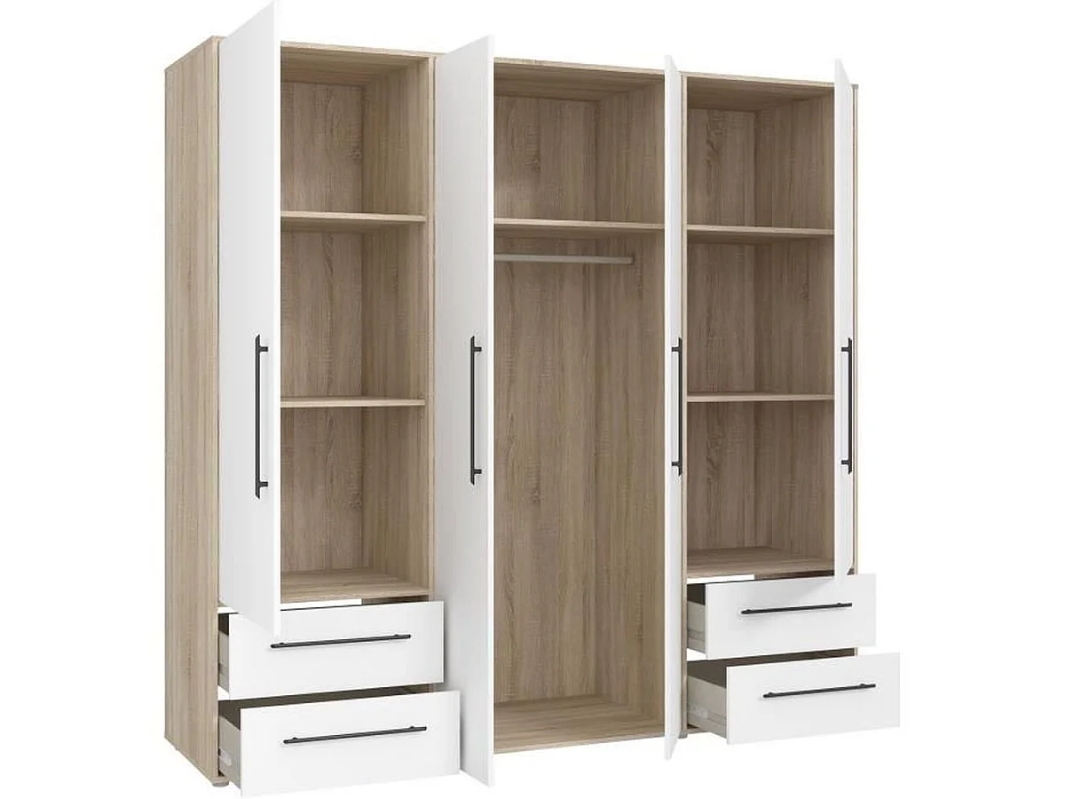 Armoire 4 portes MOKKARIS MKSS841-Q36 4 tiroirs, 1 tringle, chêne Sonoma - blanc mat