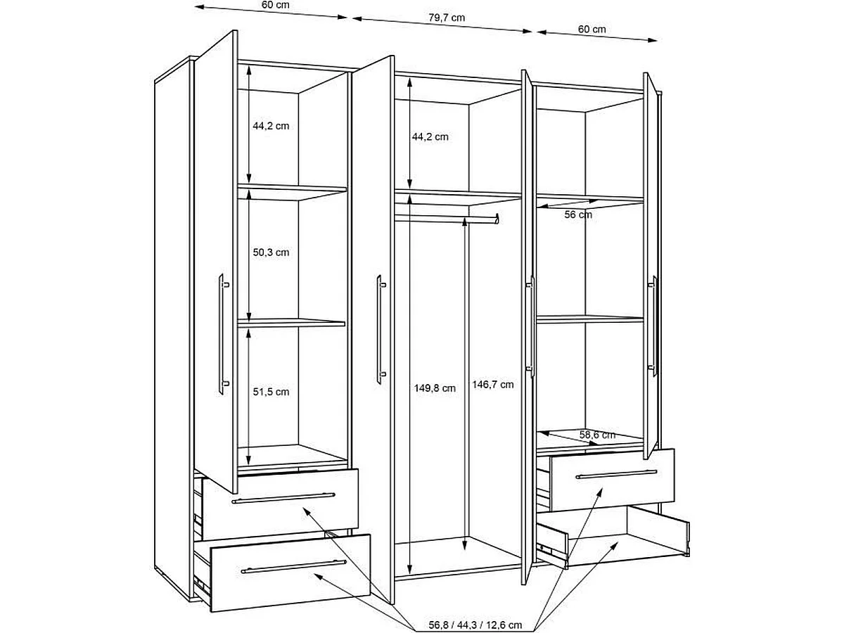 Armoire 4 portes MOKKARIS MKSS841-Q36 4 tiroirs, 1 tringle, chêne Sonoma - blanc mat