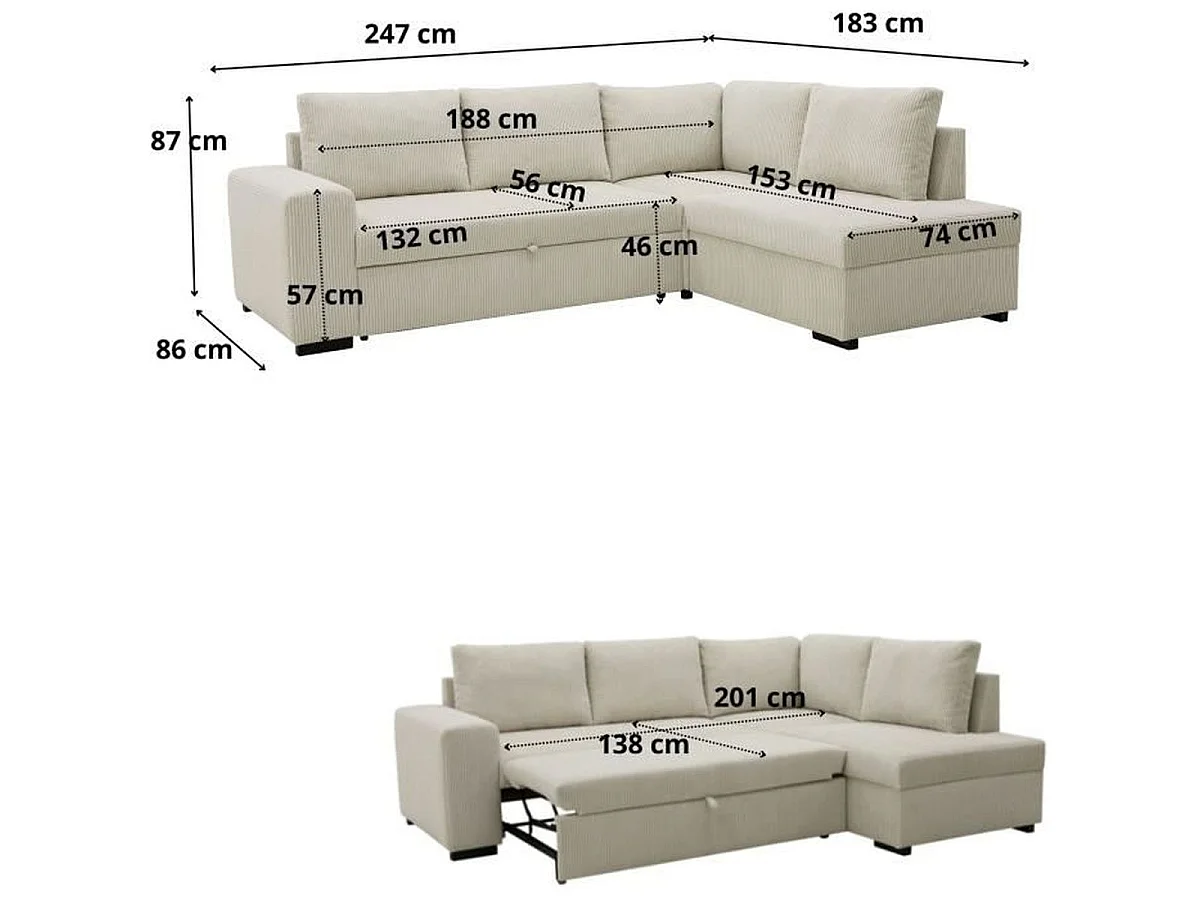 Canapé d'angle convertible CASAPY NIRVANA 4 places velours côtelé perle L247 x P183 x H87