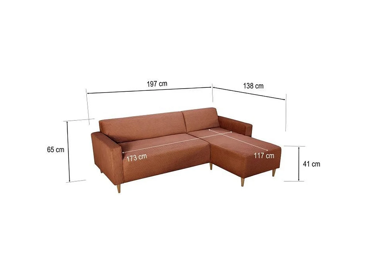 Canapé d'angle fixe réversible CASAPY BOB 3 places en velours côtelé terracotta