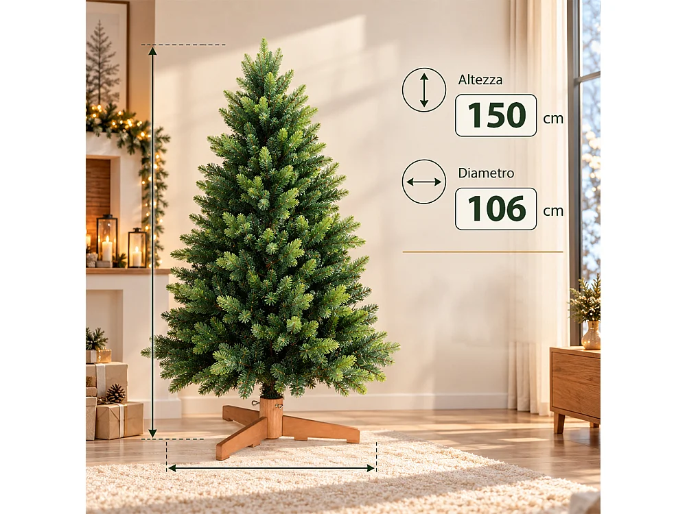 Albero di Natale Strasburgo Verde 150cm Foltissimo con Punte PVC e PE Base Legno