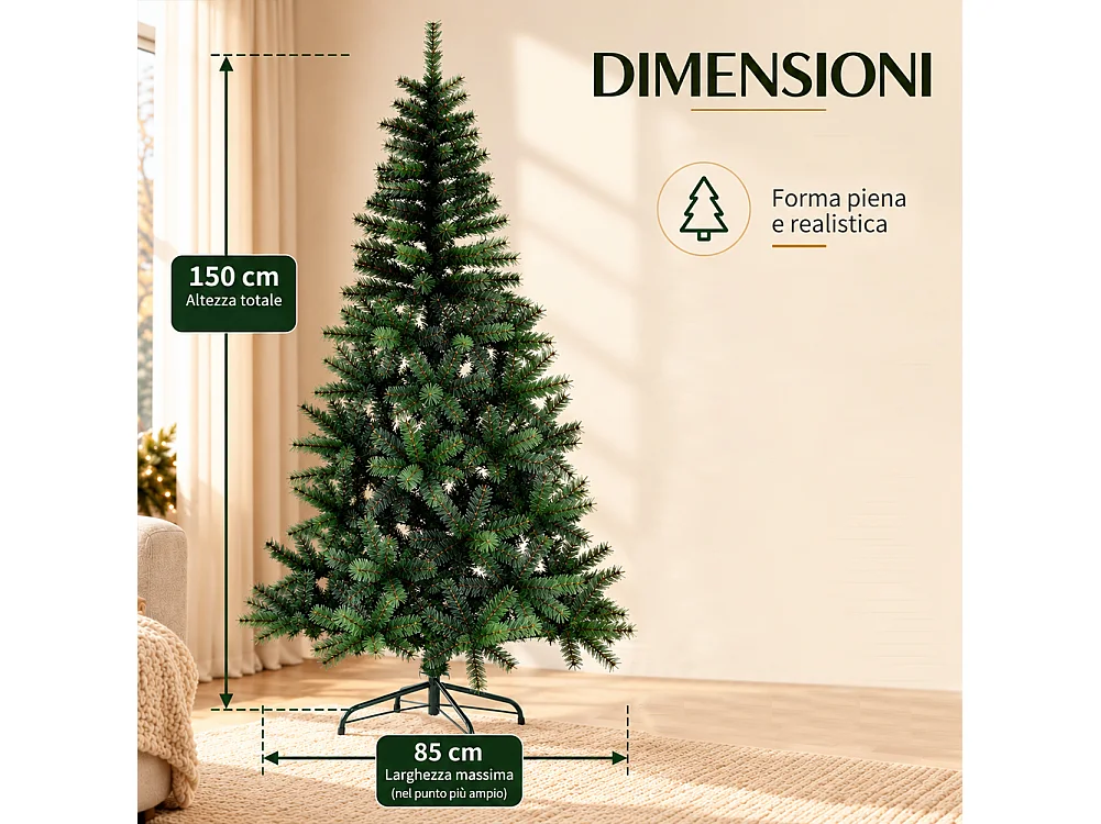Albero di Natale 150cm Canadese Verde con 371 Punte Folto Decorazione Foltissima