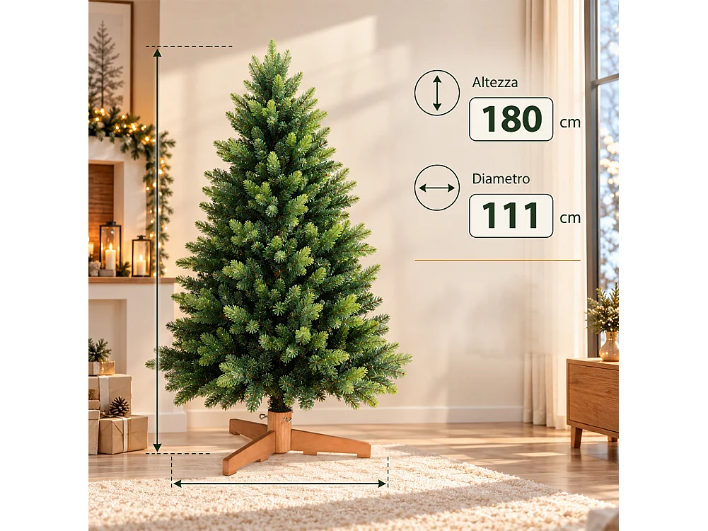 Albero di Natale Strasburgo Verde 180cm Foltissimo con Punte PVC e PE Base Legno