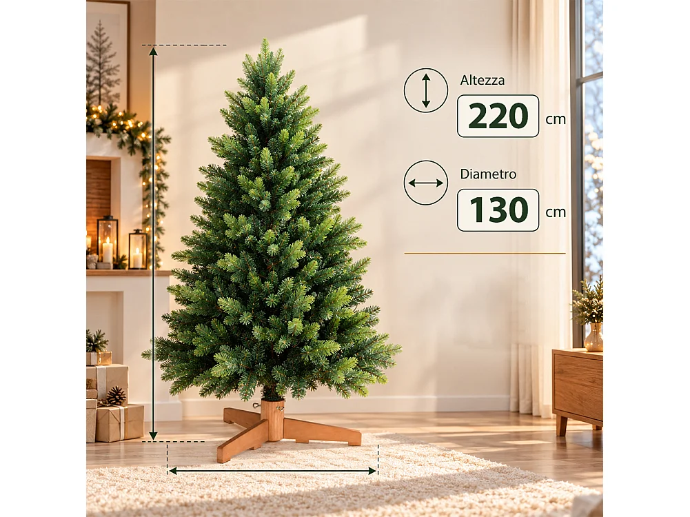 Albero di Natale Strasburgo Verde 220cm Foltissimo con Punte PVC e PE Base Legno