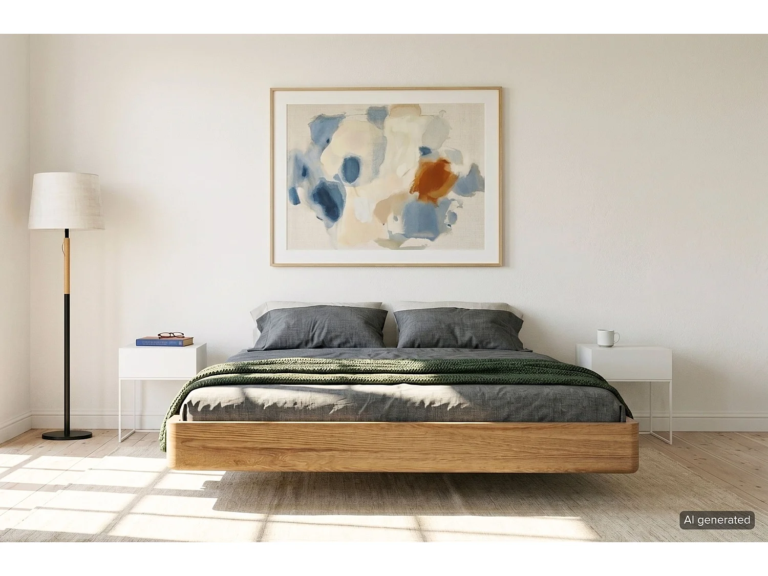 Łóżko lewitujące drewniane dębowe Visby LENA FLAT bez szafek / 200x200 cm, lakier naturalny