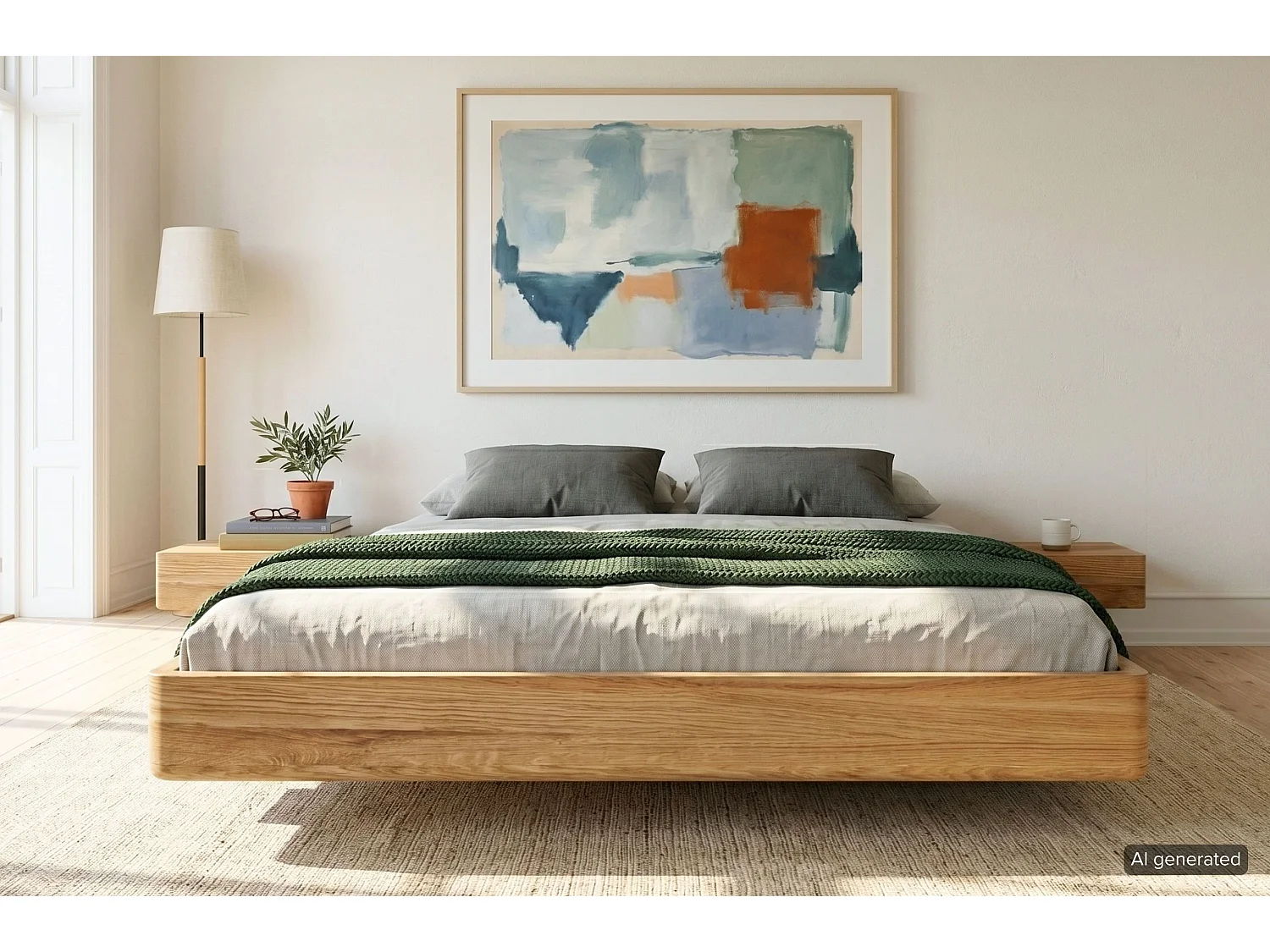 Łóżko lewitujące drewniane dębowe Visby LENA FLAT z szafkami / 200x200 cm, lakier naturalny