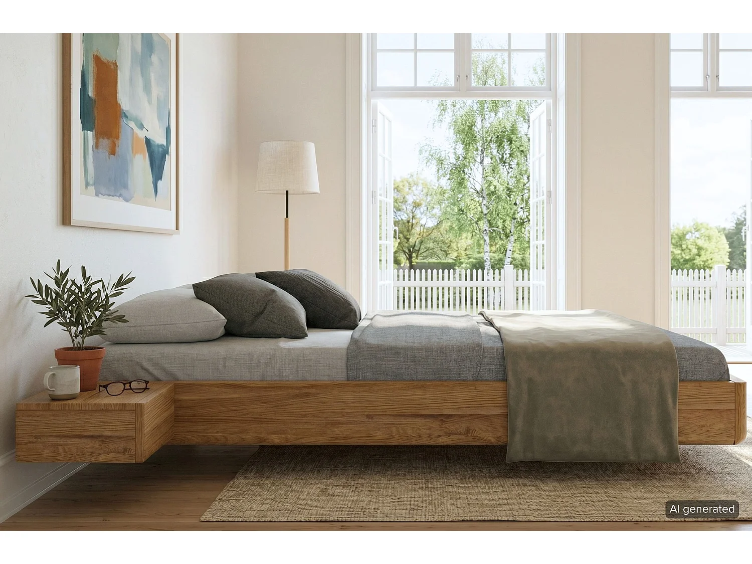 Łóżko lewitujące drewniane dębowe Visby LENA FLAT z szafkami / 140x200 cm, lakier naturalny