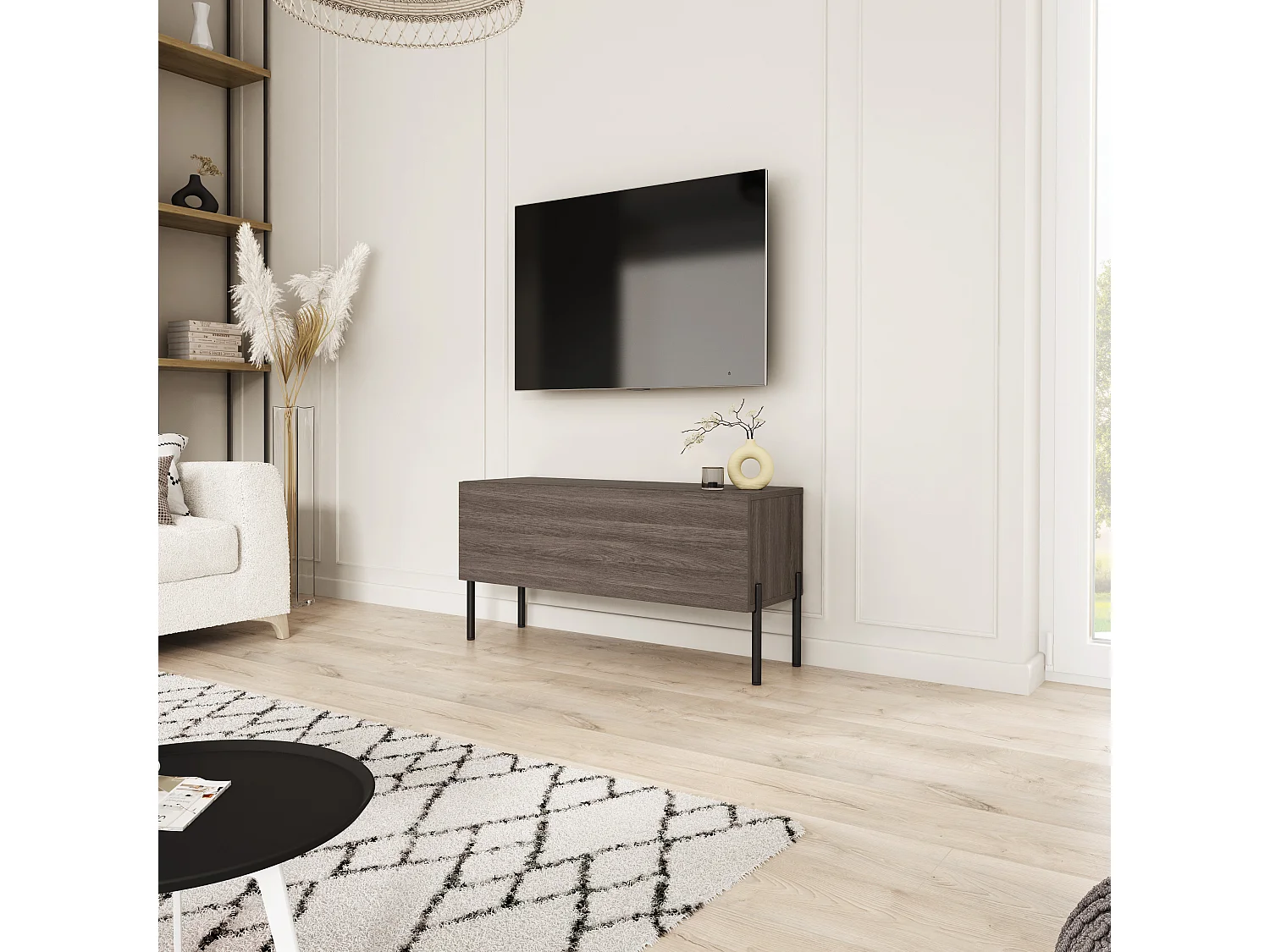 Meuble TV avec pieds droits noirs, Chêne Dunin, 100 x 32 x 52 cm