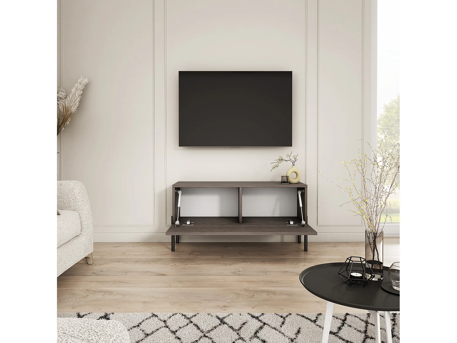 Meuble TV avec pieds droits noirs, Chêne Dunin, 100 x 32 x 52 cm
