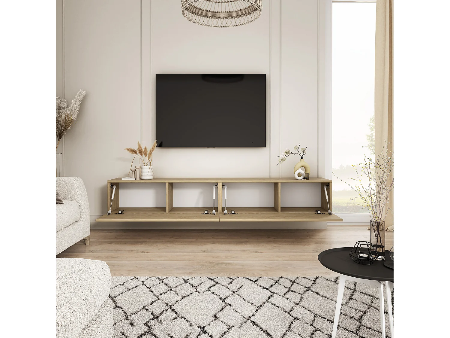Meuble TV suspendu, Chêne Huilé, 200 x 32 x 34 cm