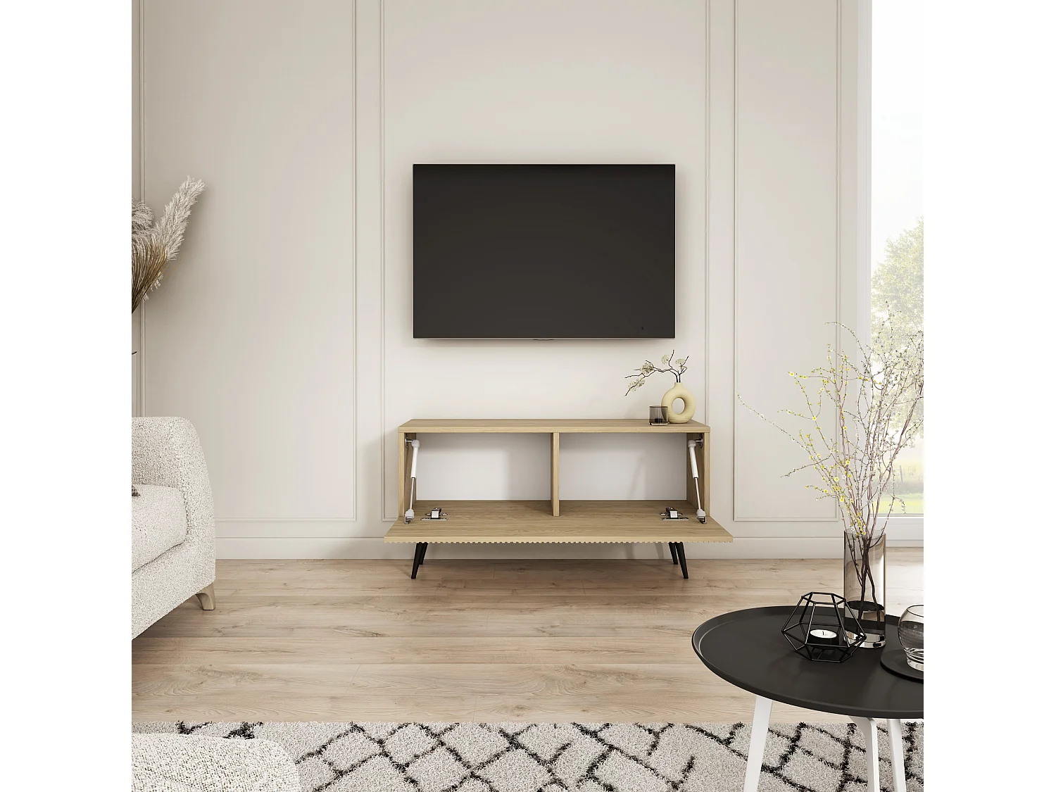Meuble TV - color : chêne huilé, pieds inclinés noirs, 100 x 32 x 52 cm