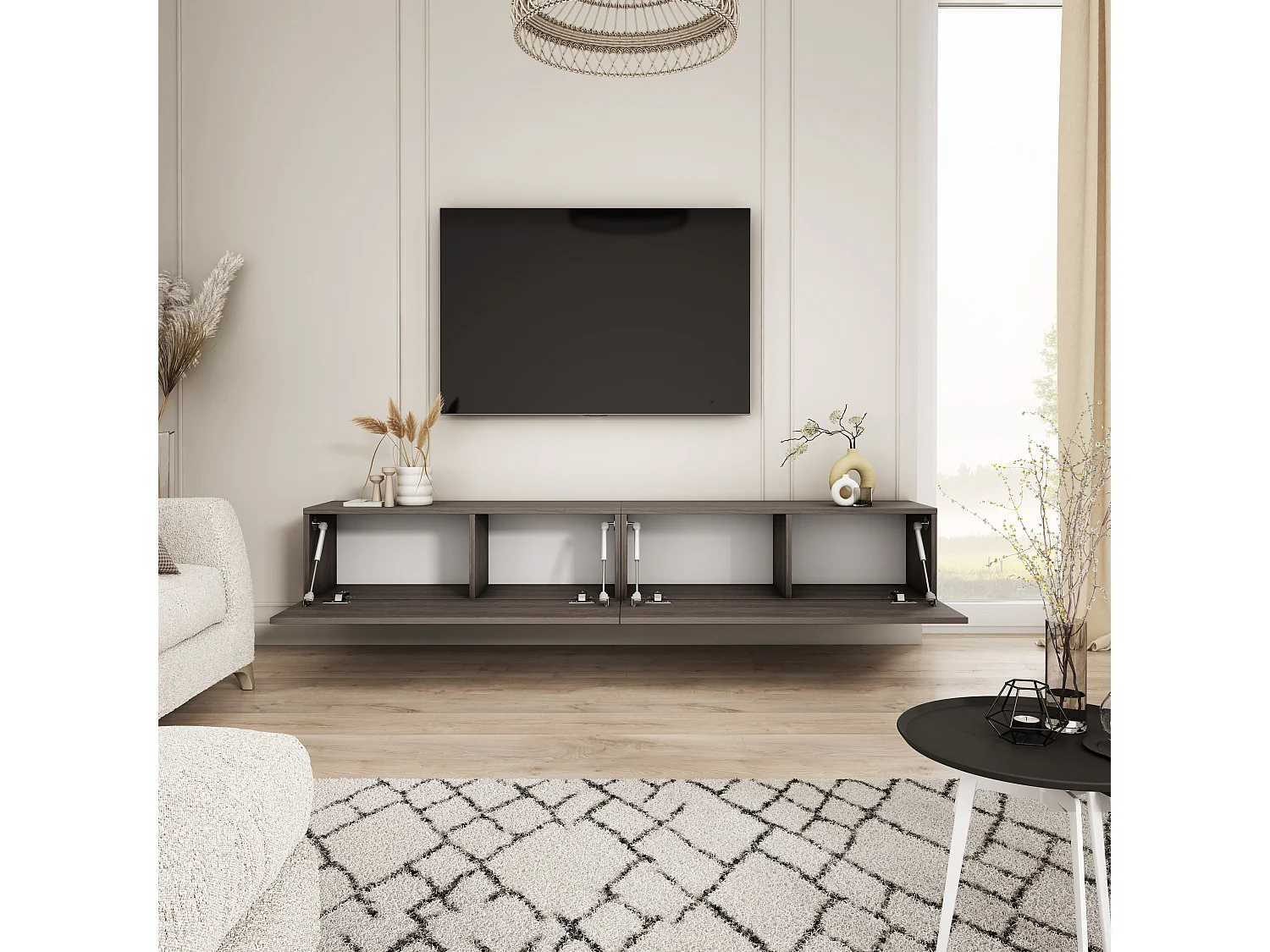 Wandmeubel voor tv, Dunin eikenhout, 200 x 32 x 34 cm