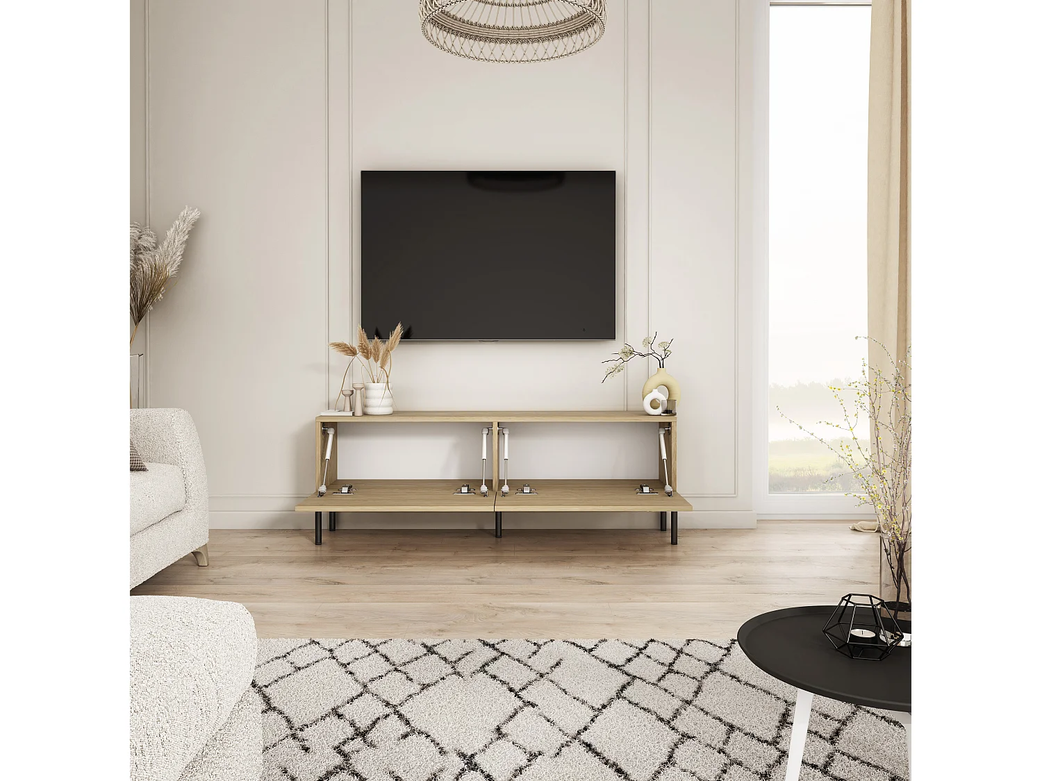 Tv-meubel met rechte zwarte poten, geolied eikenhout, 140 x 32 x 52 cm
