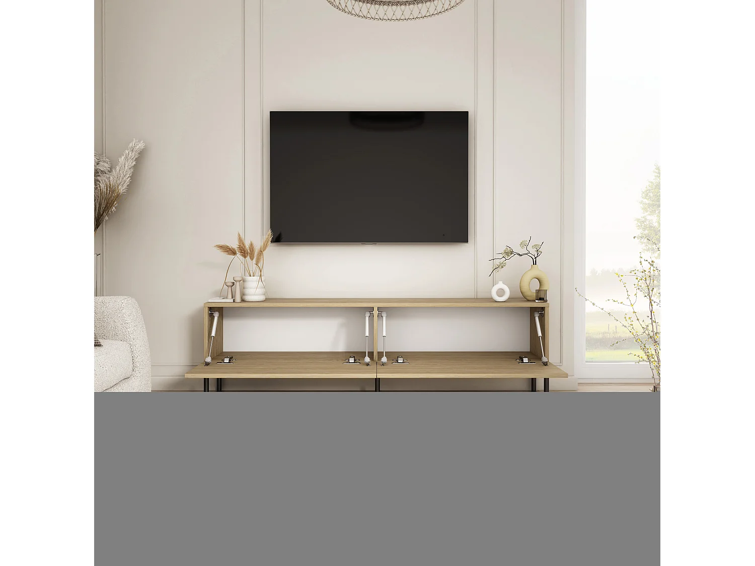 Meuble TV avec pieds droits noirs, Chêne Huilé, 170 x 32 x 52 cm