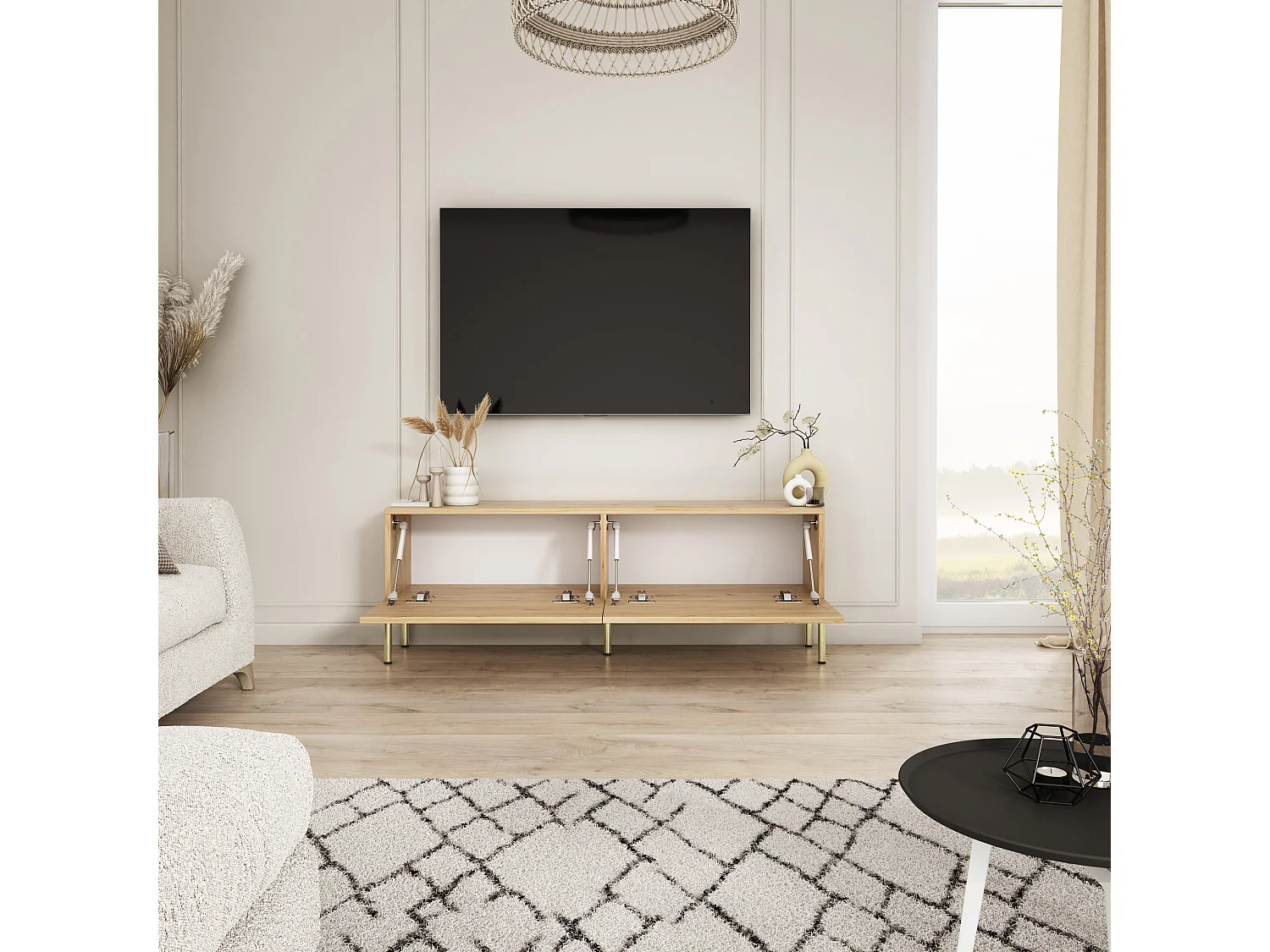 Móvel de TV pés retos dourados, Carvalho Craft, 140 x 32 x 52 cm