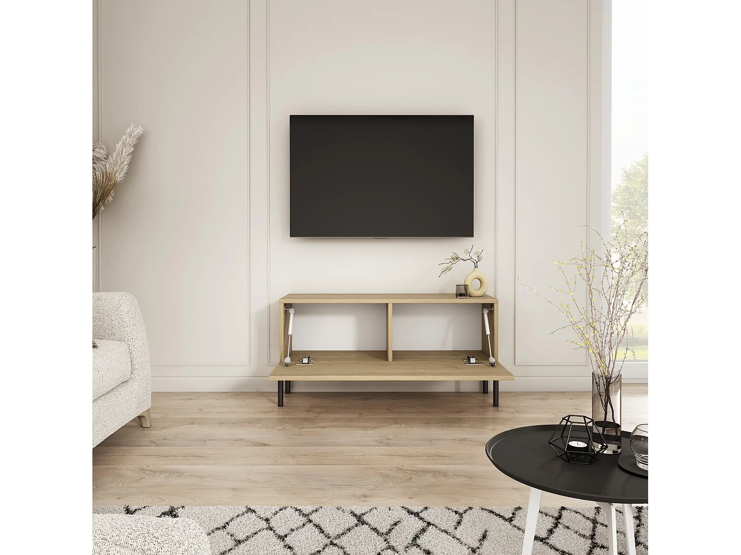 Meuble TV avec pieds droits noirs, Chêne Huilé, 100 x 32 x 52 cm