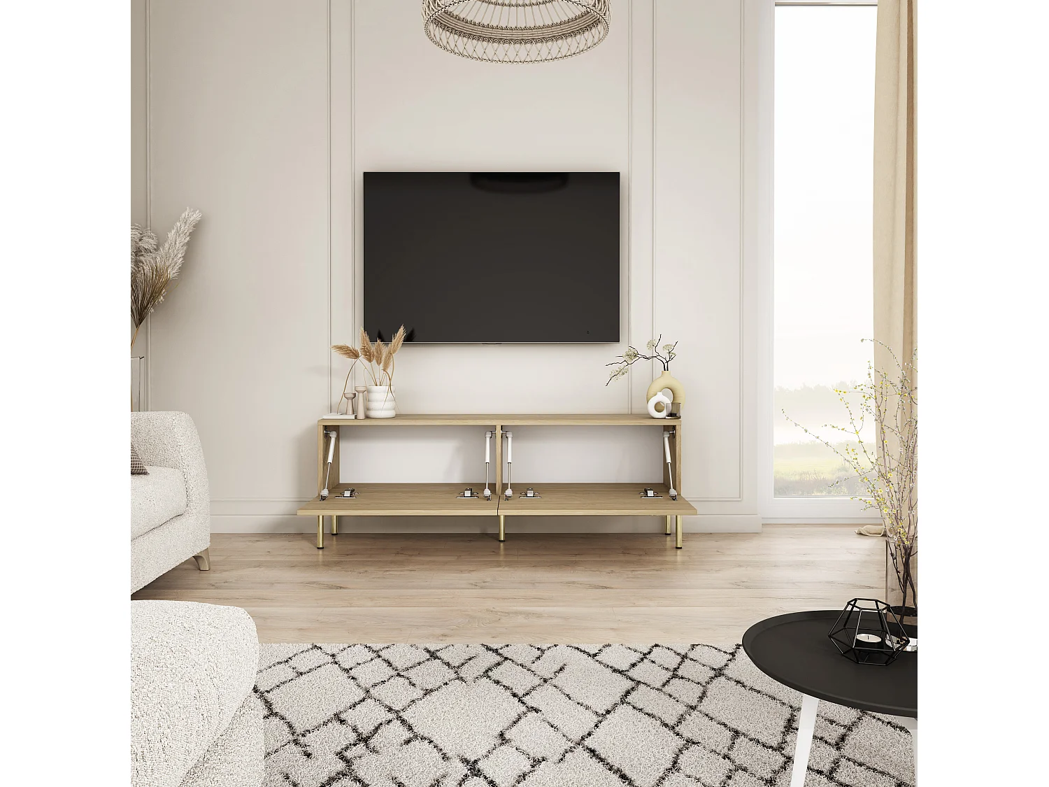 Meuble TV avec pieds droits dorés, Chêne Huilé, 140 x 32 x 52 cm
