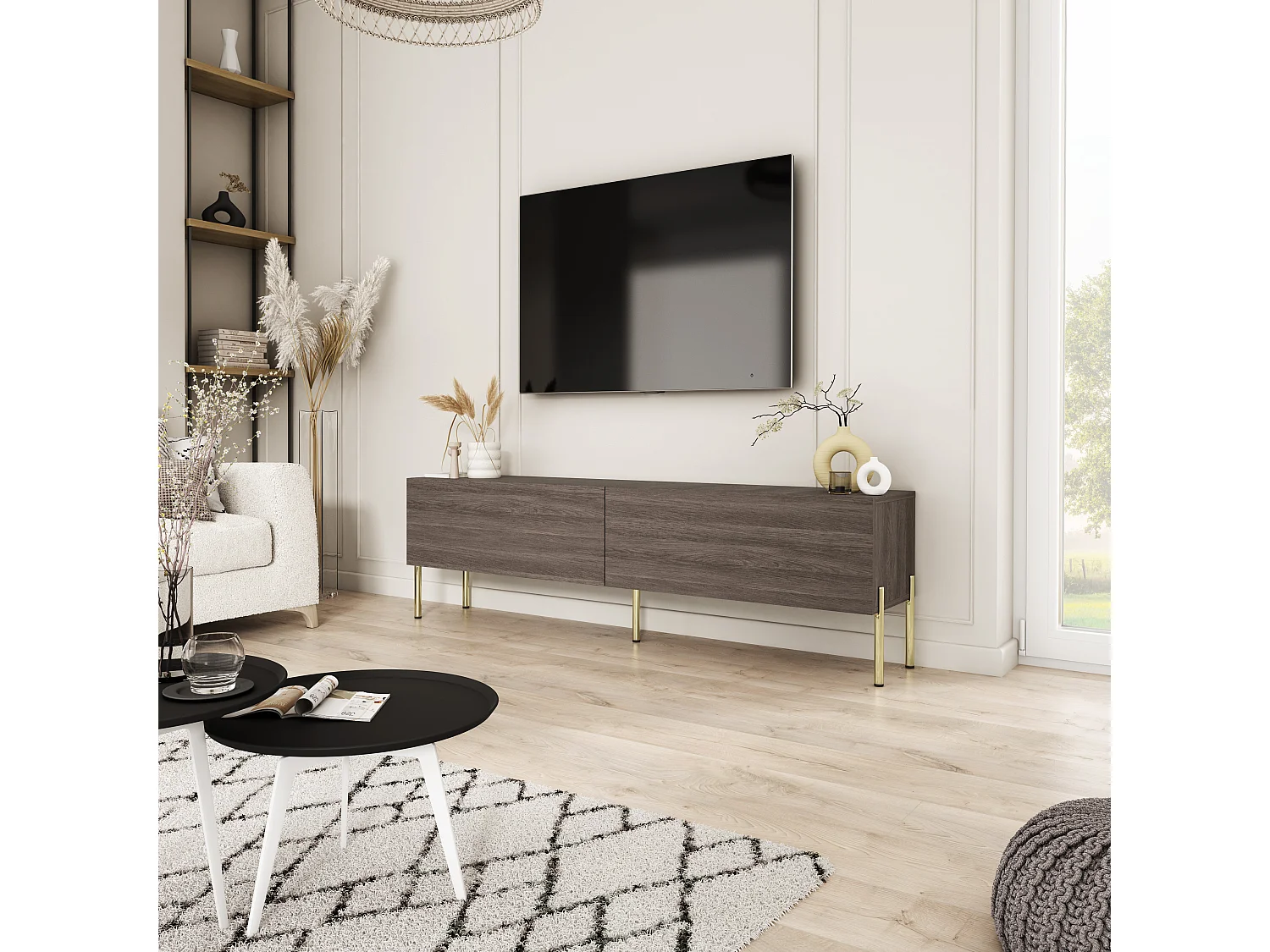Tv-meubel met rechte, gouden poten, Dunin eikenhout, 170 x 32 x 52 cm
