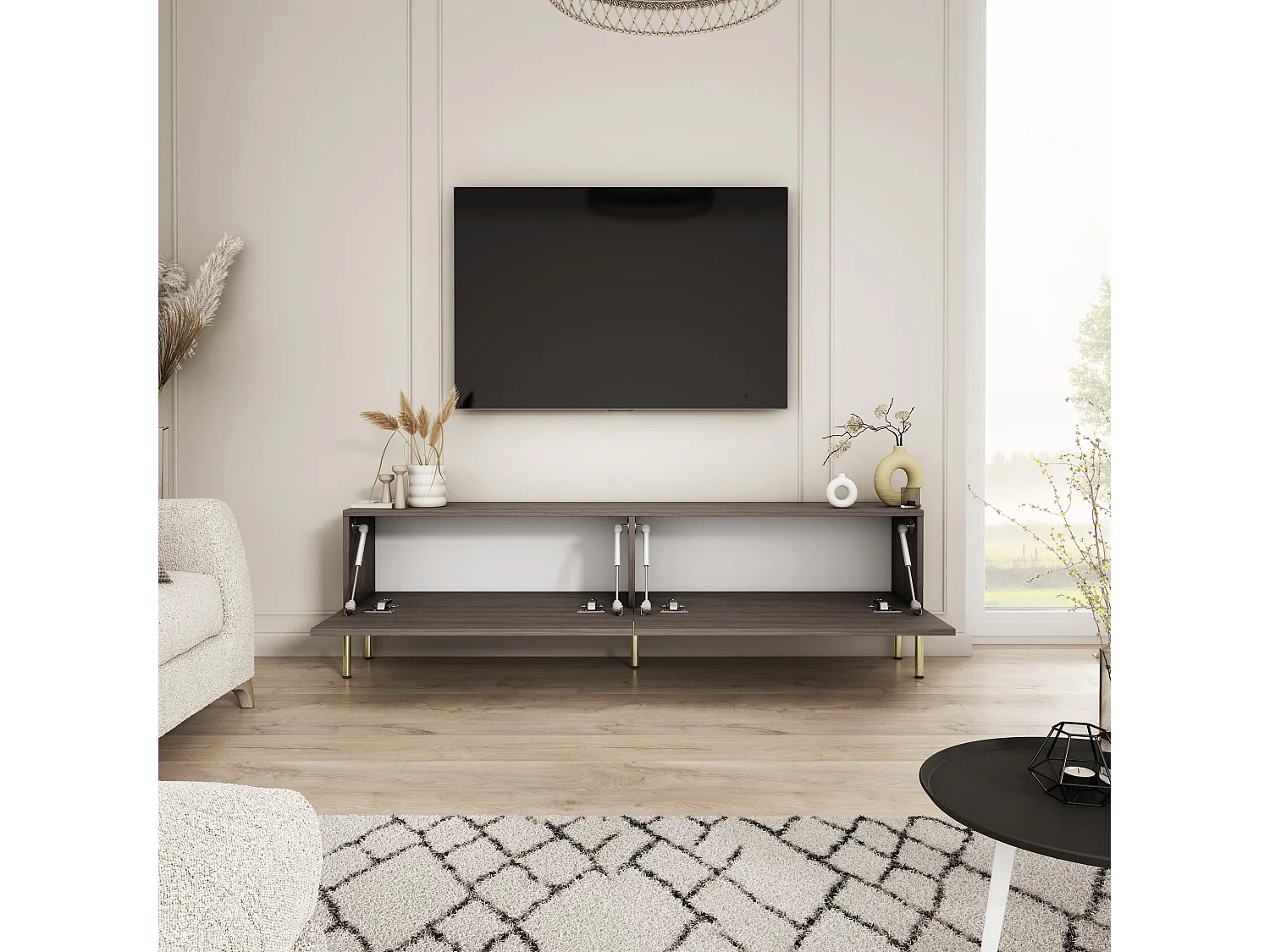 Tv-meubel met rechte, gouden poten, Dunin eikenhout, 170 x 32 x 52 cm