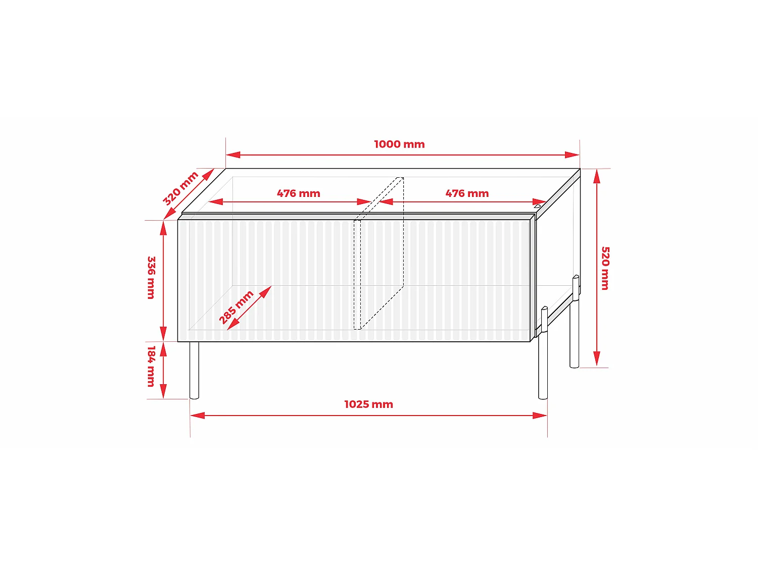 Geolied eikenhouten tv-meubel, rechte gouden poten, 100 x 32 x 52 cm