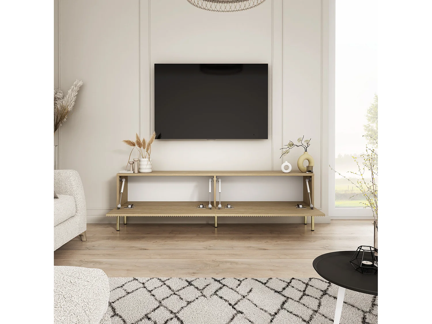Meuble TV - color : chêne huilé, pieds droits dorés, 170 x 32 x 52 cm
