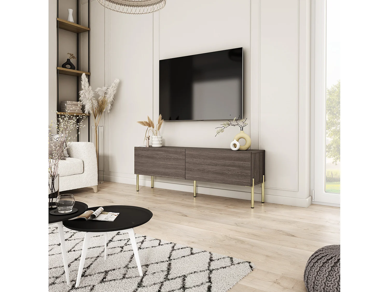Tv-meubel met rechte, gouden poten, Dunin eikenhout, 140 x 32 x 52 cm