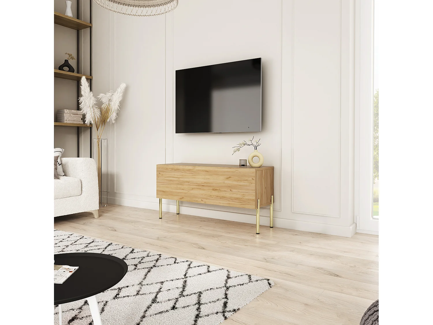 Meuble TV avec pieds droits dorés, Chêne Craft, 100 x 32 x 52 cm