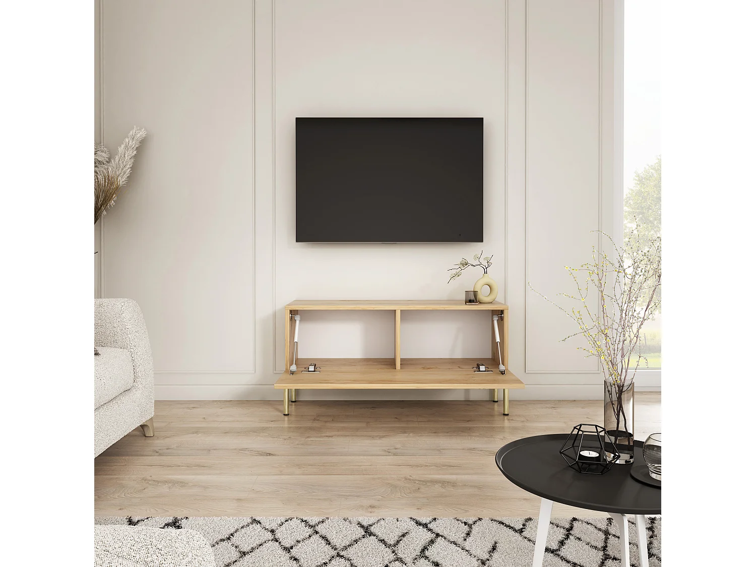 Meuble TV avec pieds droits dorés, Chêne Craft, 100 x 32 x 52 cm