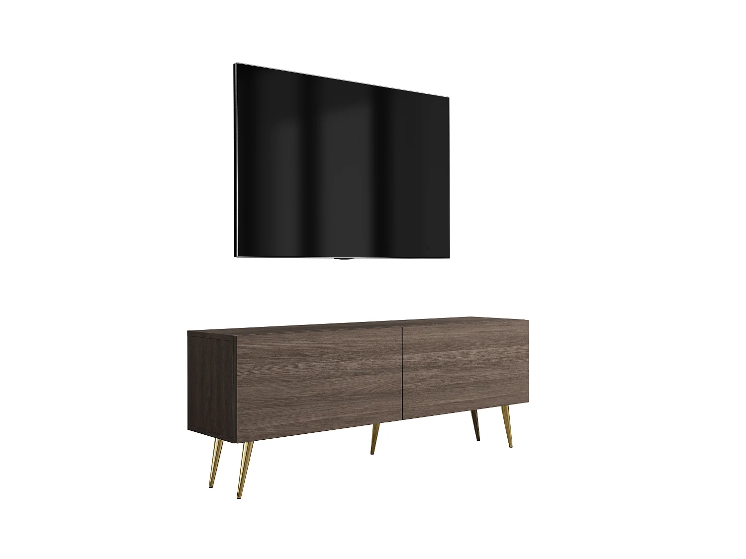 Tv-meubel met schuine gouden poten, Dunin eikenhout, 140 x 32 x 52 cm