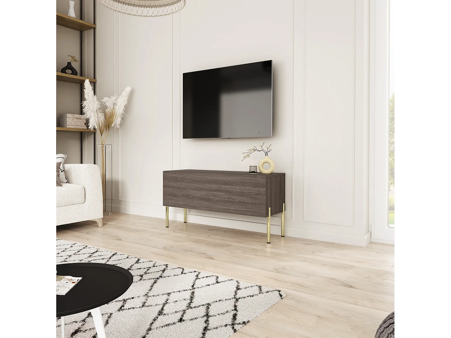 Tv-meubel met rechte, gouden poten, Dunin eikenhout, 100 x 32 x 52 cm