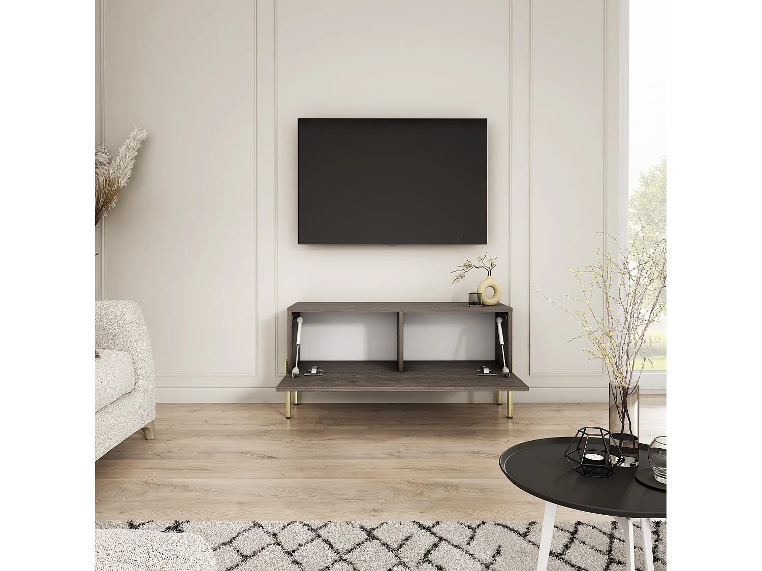 Tv-meubel met rechte, gouden poten, Dunin eikenhout, 100 x 32 x 52 cm