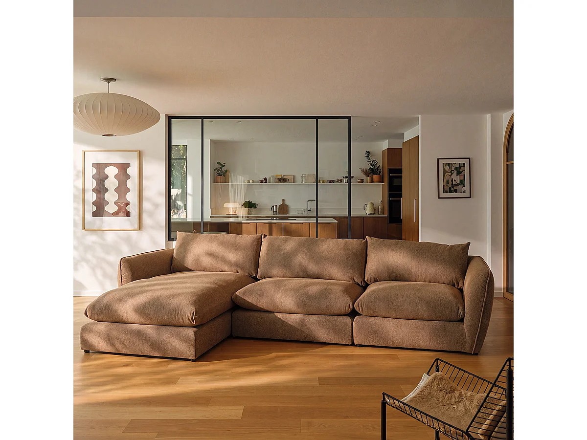 Canapé modulable angle gauche 3 places en tissu texturé marron chiné LEOPOLD