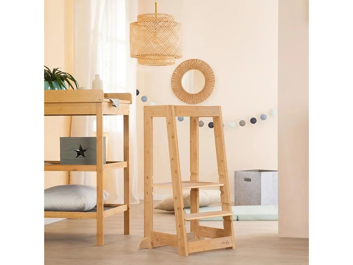 Tour d'apprentissage Montessori ROBA en bambou FSC, 3 hauteurs ajustables, Naturel
