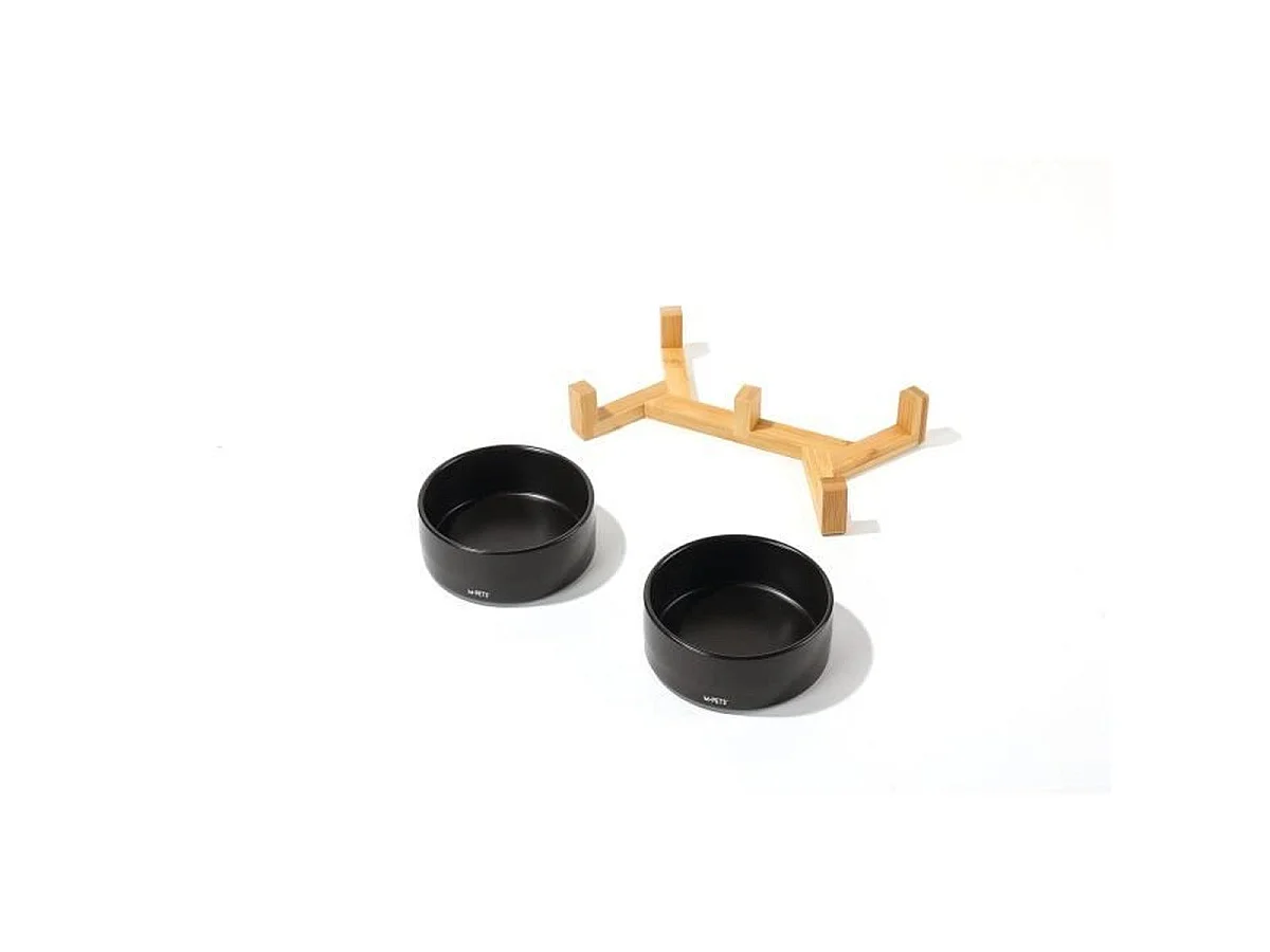 M PETS Opera Gamelle Double Céramique avec Support en Bambou, 2x350 ml, Noir