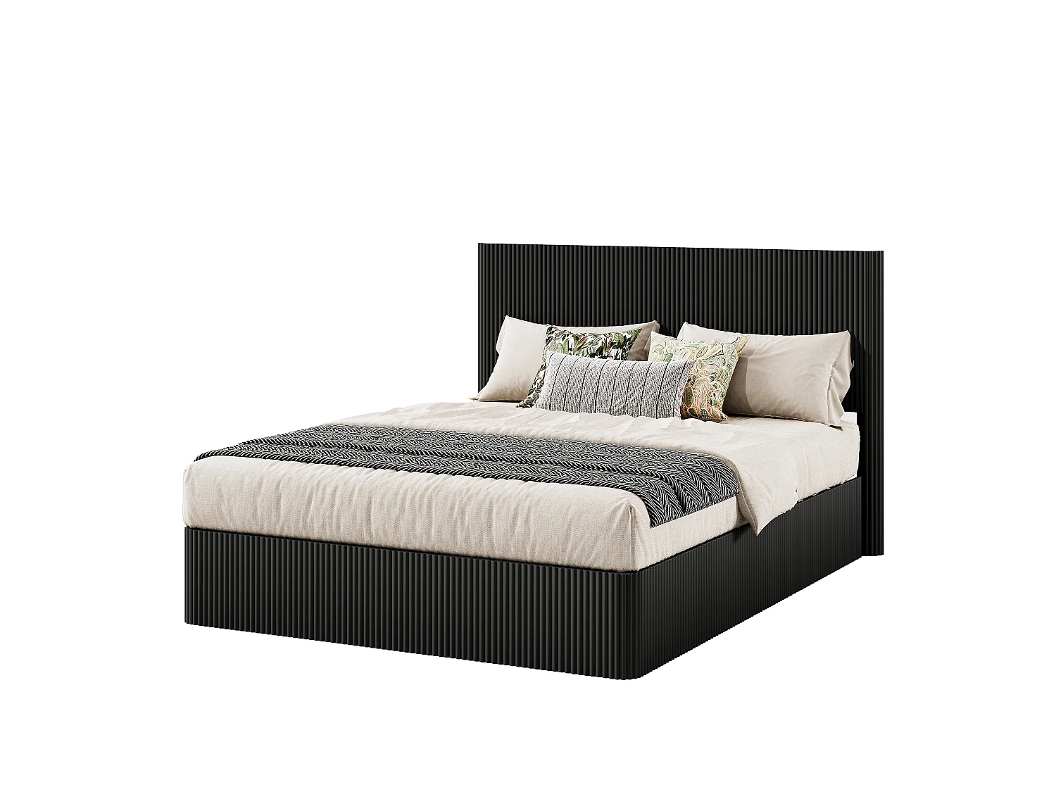 Lit coffre hydraulique 160x200 cm avec rangement strie noir sommier lattes bois massif - Sweiko