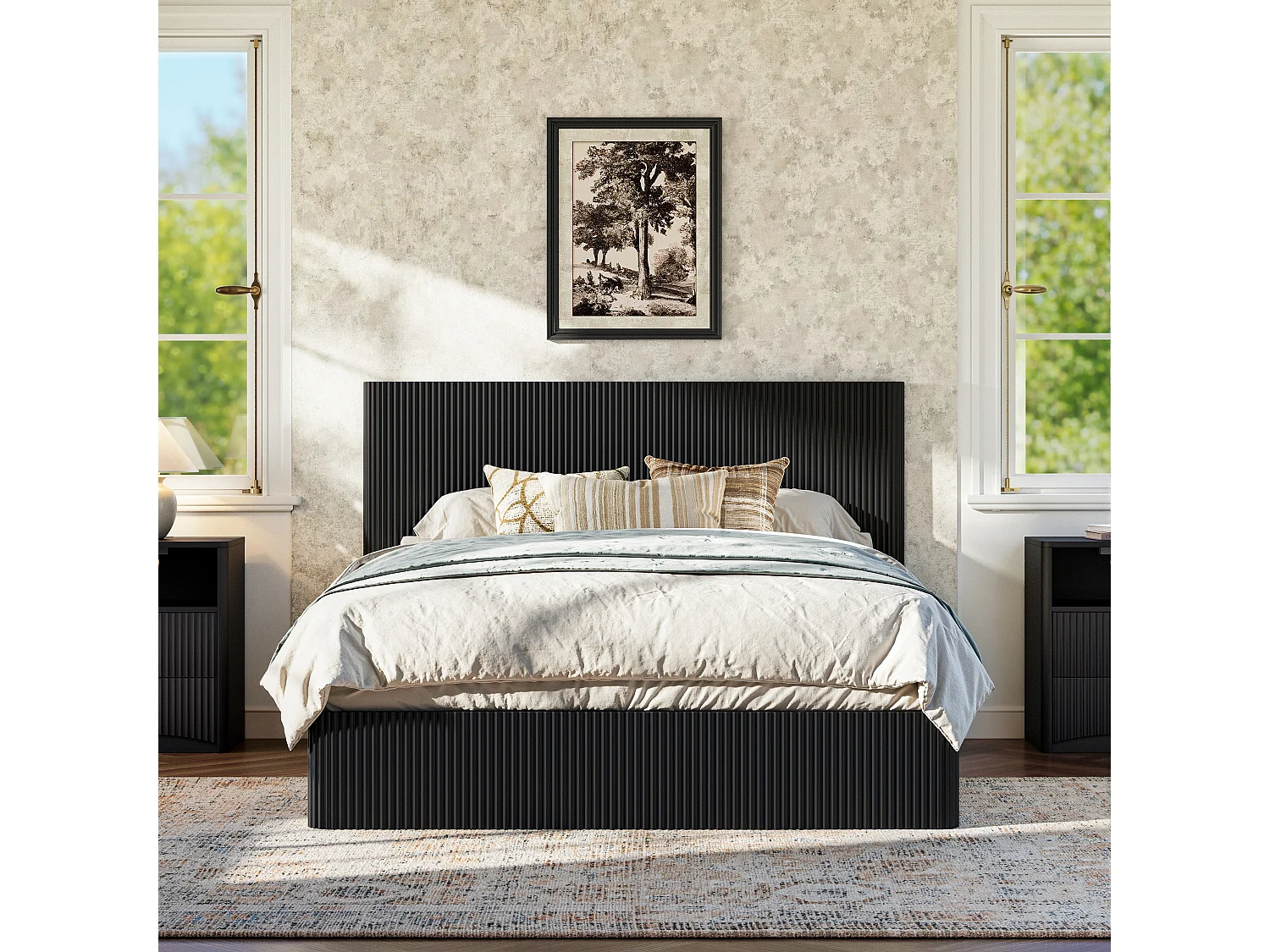 Lit coffre hydraulique 160x200 cm avec rangement strie noir sommier lattes bois massif - Sweiko