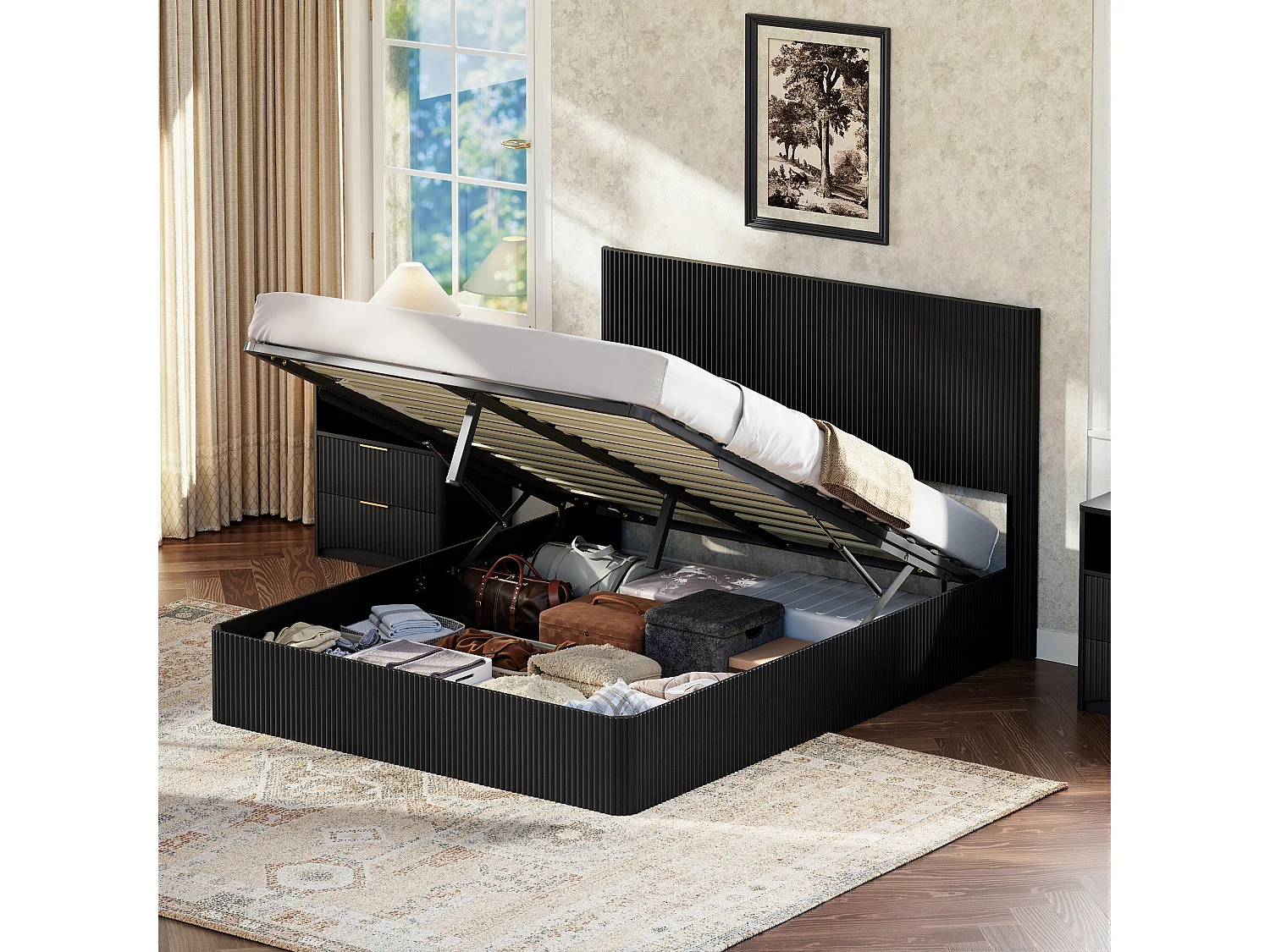 Lit coffre hydraulique 160x200 cm avec rangement strie noir sommier lattes bois massif - Sweiko