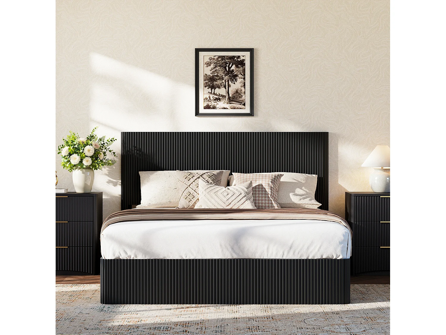 Lit coffre hydraulique 160x200 cm avec rangement strie noir sommier lattes bois massif - Sweiko