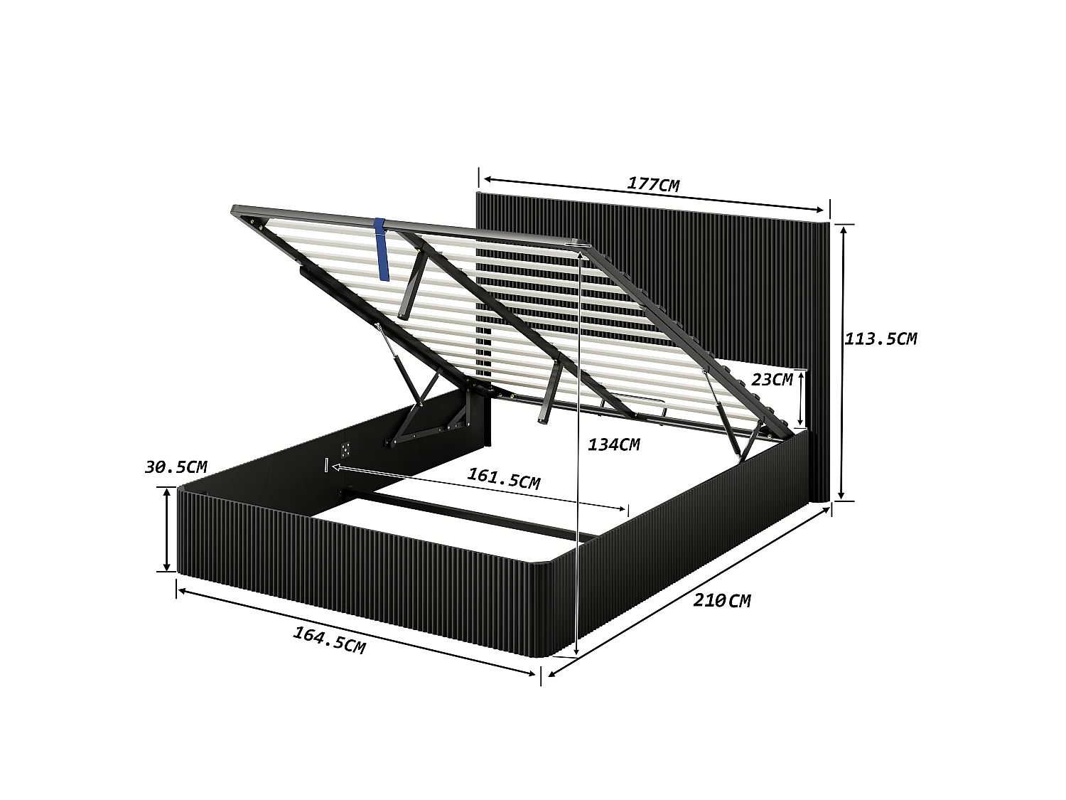 Lit coffre hydraulique 160x200 cm avec rangement strie noir sommier lattes bois massif - Sweiko
