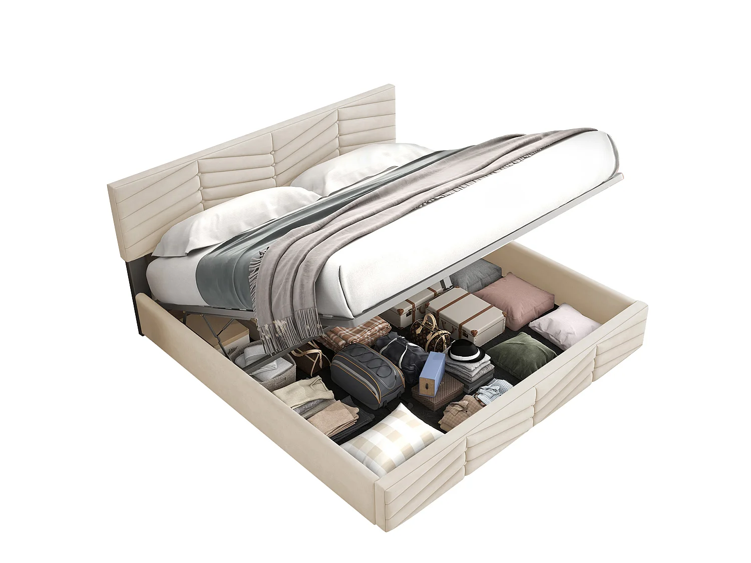Lit coffre rembourré 140x190 sommier lattes tête réglable adulte ado velours hollandais beige - Sweiko