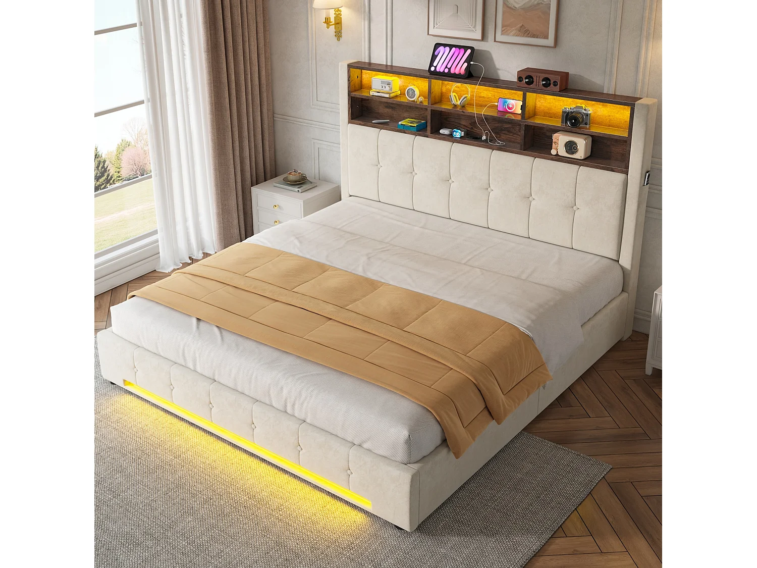 Lit coffre 180x200 cm en velours avec tête de lit multifonction 6 compartiments poches latérales usb-c led vérin hydraulique anti-poussière - Sweiko