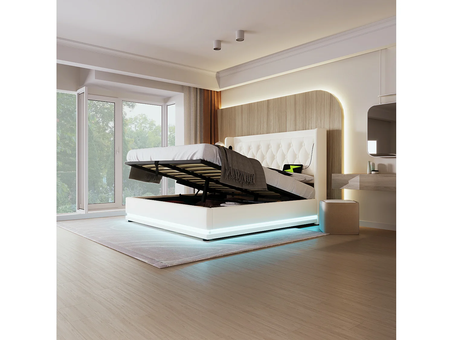 Lit coffre 180x200 cm polsterbett doppelbett pu blanc sommier hydraulique tête usb c led 3 côtés - Sweiko