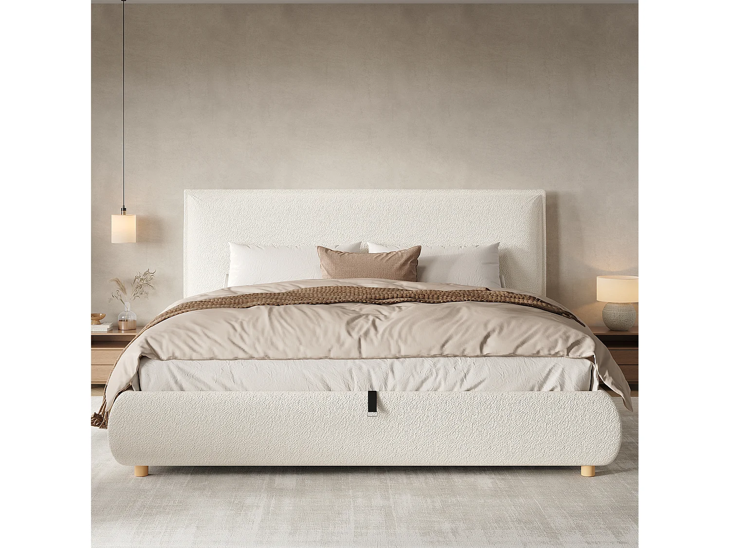 Lit coffre rembourré double 180x200 cm fonctionnel vérin sommier lattes tête lit grand espace rangement tête rembourrée pieds bois massif blanc bouclé - Sweiko